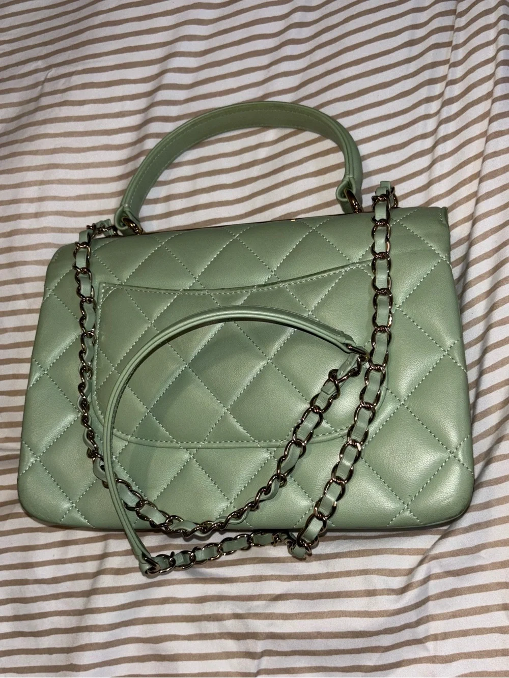 Authentic Chanel Coco Handle Flap Bag Mint Green Lambskin Light Gold Hardw